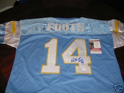 Signed Dan Fouts Jersey with JSA COA Hall of Fame Chargers Oregon: Signed Dan Fouts Jersey with JSA COA Hall of Fame Chargers Oregon This is a pre-owned football jersey signed by Dan Fouts, associated with the Chargers, Oregon, and Hall of Fame. The jersey is origina
