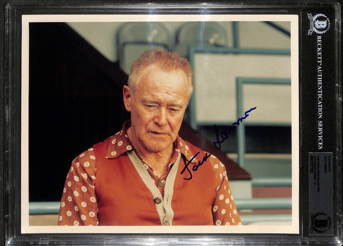 Jack Lemmon 8x10 Signed Photo Auto 10 Beckett Certified: Jack Lemmon 8x10 Signed Photo Auto 10 Beckett Certified This autographed 8x10 photograph features the iconic actor Jack Lemmon, who passed away in 2001. Signed in blue permanent marker, this original