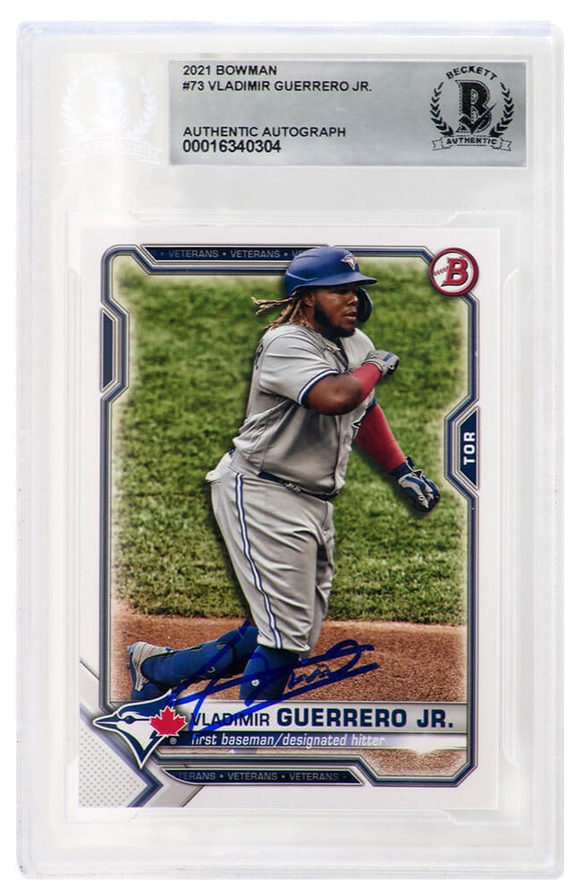 Vladimir Guerrero Jr. Signed 2021 Bowman Card #73 Blue Jays Beckett Authenticated: Vladimir Guerrero Jr. Signed 2021 Bowman Card #73 Blue Jays Beckett Authenticated This is a signed 2021 Bowman trading card of Vladimir Guerrero Jr., featuring card number 73 from the Toronto Blue Jay