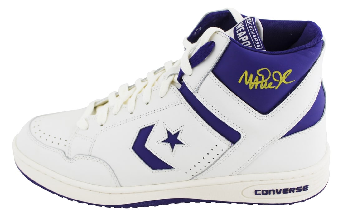 Magic Johnson Signed Converse Weapon Shoe Left Purple White BAS Authenticated: Magic Johnson Signed Converse Weapon Shoe Left Purple White BAS Authenticated This authentic left purple and white Converse Weapon shoe has been personally signed by NBA legend Magic Johnson, a key pl