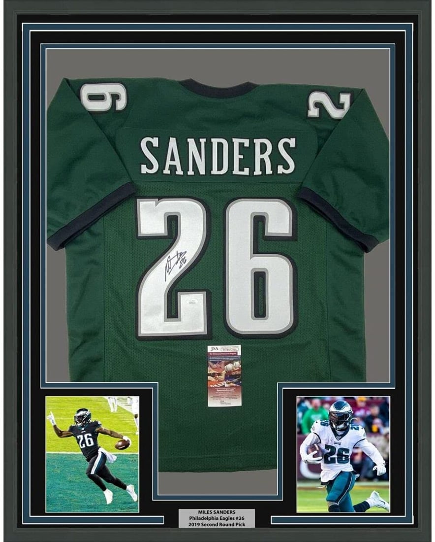 Framed Autographed Miles Sanders NFL Jersey 33x42 JSA COA Philadelphia Eagles: Framed Autographed Miles Sanders NFL Jersey 33x42 JSA COA Philadelphia Eagles Showcase your love for the NFL with this professionally framed and matted autographed Miles Sanders green football jersey,