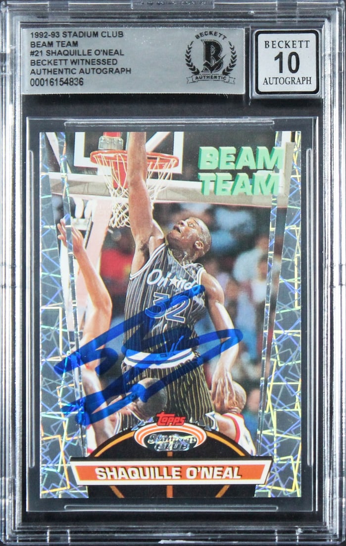 Shaquille O'Neal Signed 1992 Stadium Club Beam Team Rookie Card Gem Mint 10 Beckett: Shaquille O'Neal Signed 1992 Stadium Club Beam Team Rookie Card Gem Mint 10 Beckett This remarkable 1992 Stadium Club Beam Team #21 Rookie Card features the legendary Shaquille O'Neal, personally sign