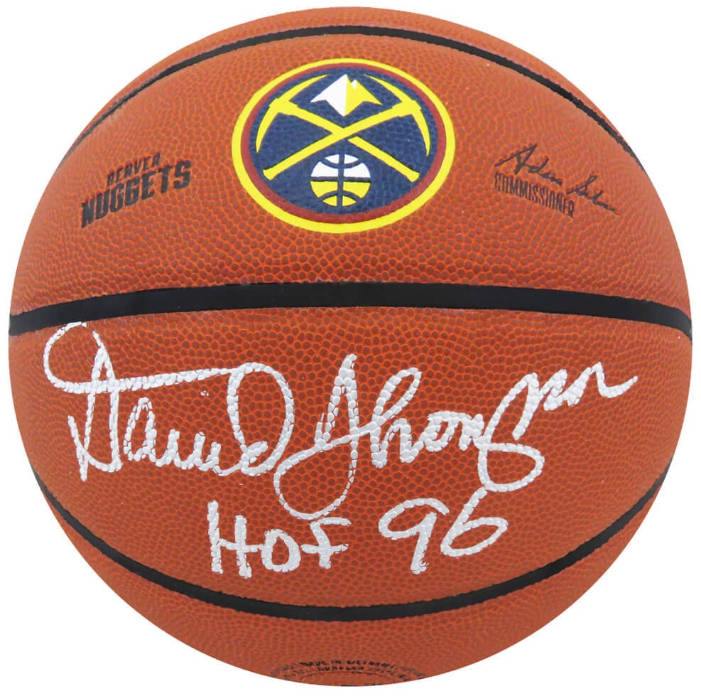 David Thompson Signed Denver Nuggets Basketball HOF 96 SS COA: David Thompson Signed Denver Nuggets Basketball HOF 96 SS COA This is a David Thompson signed Wilson Denver Nuggets NBA basketball, featuring the 'HOF 96' inscription. A true collectible for basketbal