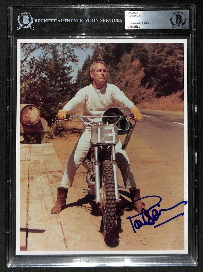 Paul Newman Autographed 8x10 Photo Sometimes a Great Notion BAS Beckett: Paul Newman Autographed 8x10 Photo Sometimes a Great Notion BAS Beckett This original 8x10 photograph features Paul Newman, renowned for his love of racing, captured on his motorcycle from the 1970 fi