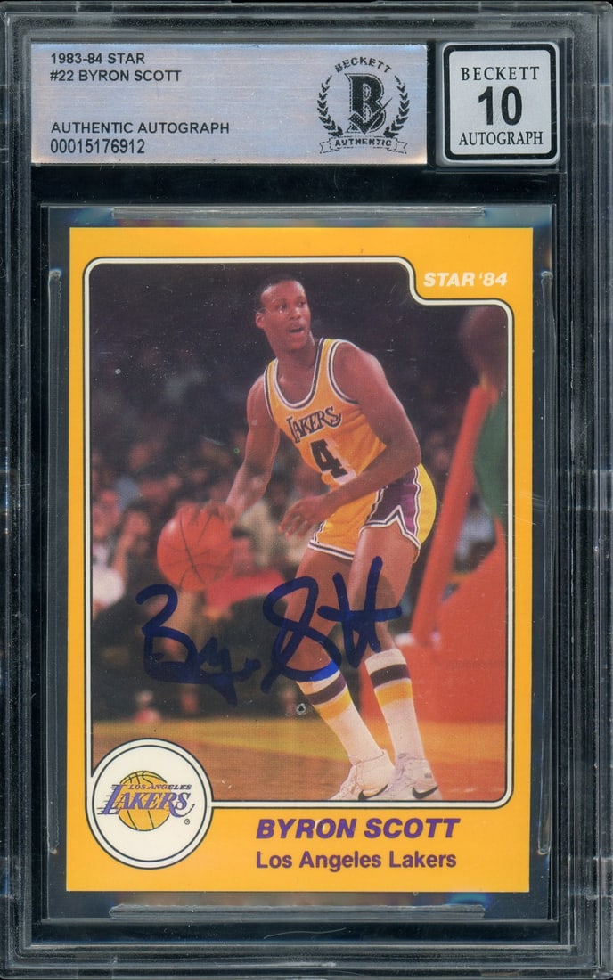 1983-84 Star #22 Byron Scott Autographed Rookie Card BGS 10: 1983-84 Star #22 Byron Scott Autographed Rookie Card BGS 10 This 1983-84 Star #22 Byron Scott rookie card is a must-have for any basketball enthusiast. Featuring a hand-signed autograph from Byron Sco