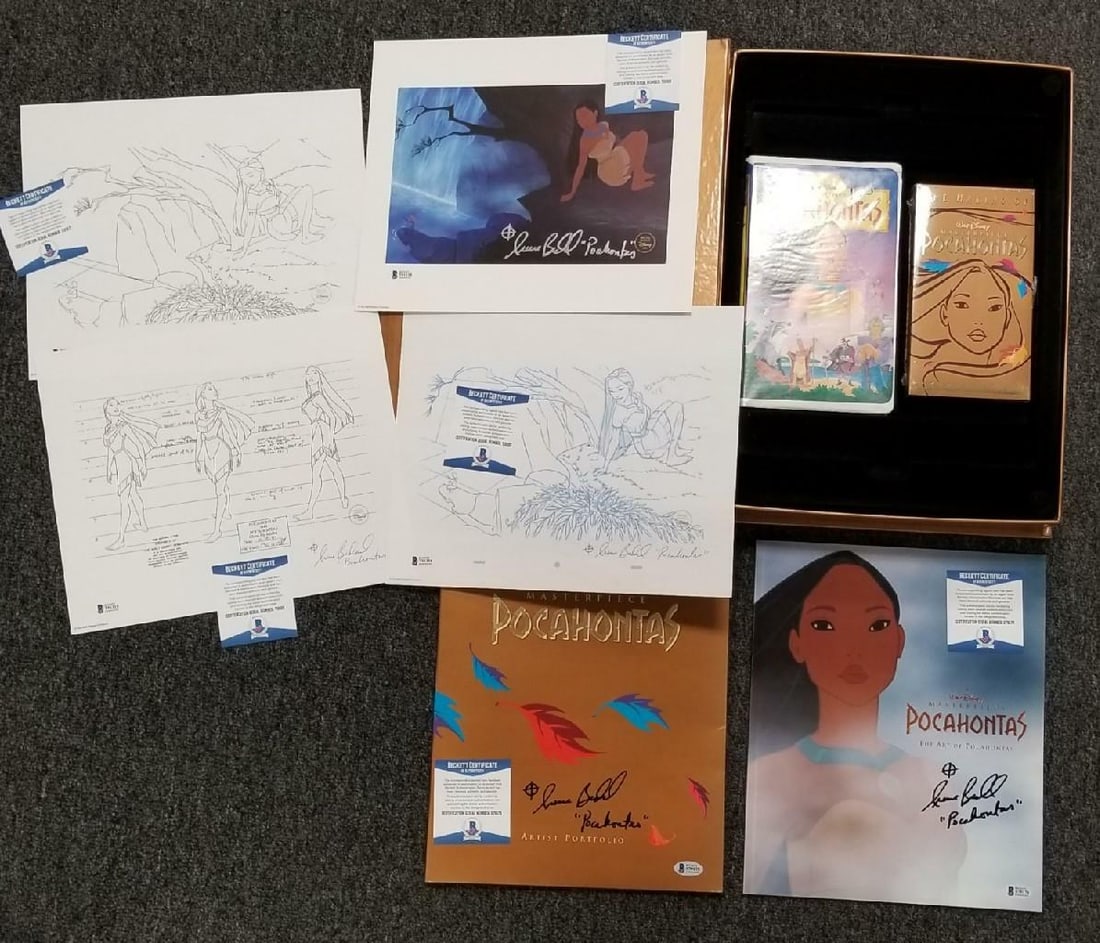 Disney Pocahontas Deluxe Portfolio Set Six Signatures Beckett Authenticated: Disney Pocahontas Deluxe Portfolio Set Six Signatures Beckett Authenticated This is an original Disney's Pocahontas deluxe video art portfolio set featuring six autographs by Irene Bedard. The set has
