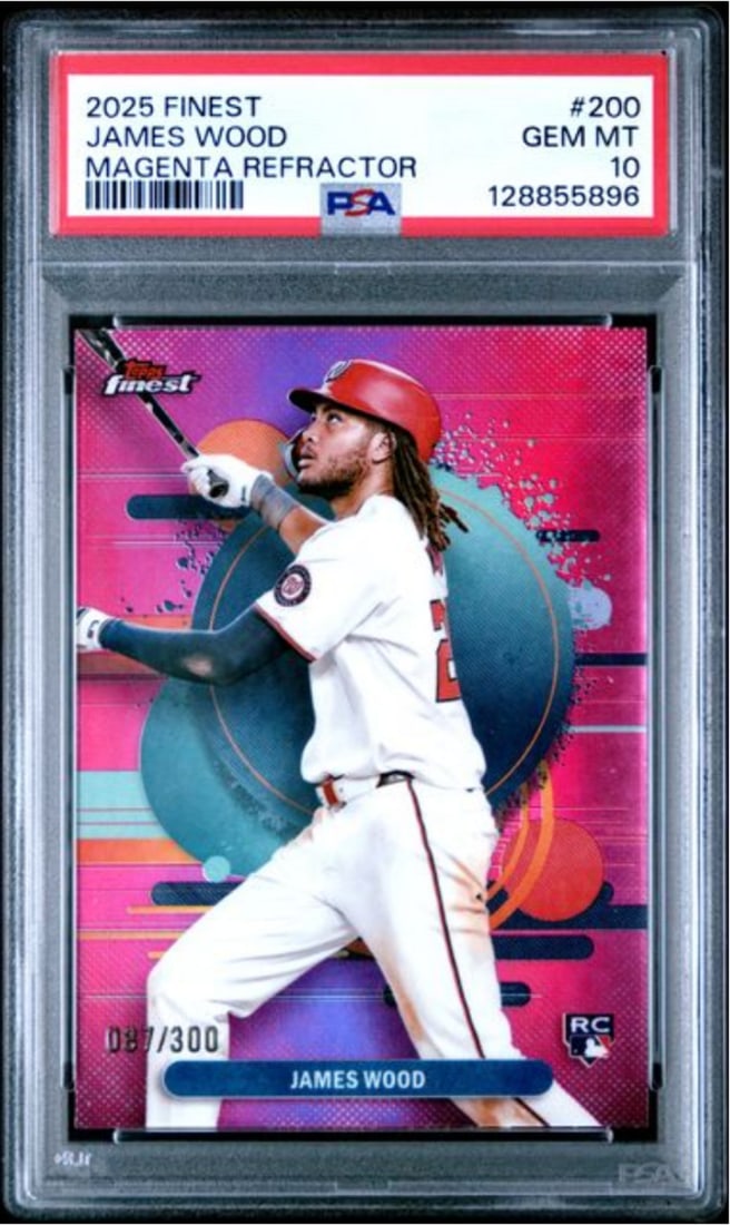 2025 Topps Finest James Wood #200 Magenta REF /300 PSA 10 Baseball Card: 2025 Topps Finest James Wood #200 Magenta REF /300 PSA 10 Baseball Card This is a 2025 Topps Finest James Wood #200 Magenta REF /300 Baseball Card, graded PSA 10. This authentic card features James Wo