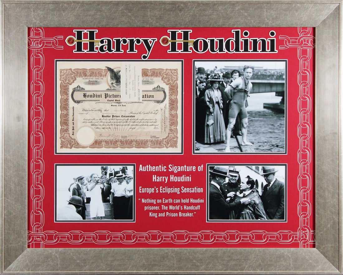 Harry Houdini Signed 1922 Stock Certificate Framed Beckett Authenticated (1 of 3)