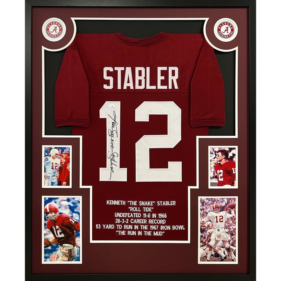 Ken Stabler Autographed Framed Jersey JSA Certified Alabama Raiders: Ken Stabler Autographed Framed Jersey JSA Certified Alabama Raiders This is a Ken Stabler signed framed jersey featuring a detailed design and the iconic Alabama Raiders logo. Authenticated by JSA, a