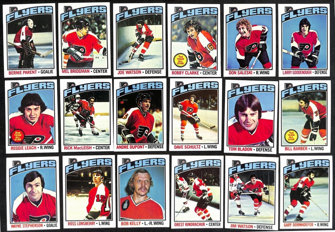 Complete 24-Card 1976-77 Topps Philadelphia Flyers NHL Team Set: Complete 24-Card 1976-77 Topps Philadelphia Flyers NHL Team Set This is a complete 1976-77 Topps Hockey trading card team set featuring all 24 Philadelphia Flyers cards. The set is original and was pr