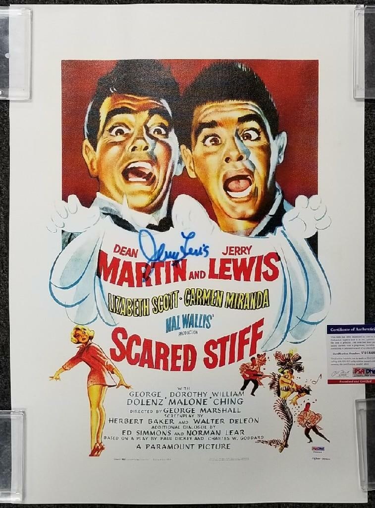 Jerry Lewis Signed 16x20 Scared Stiff Canvas Photo PSA/DNA Authenticated: Jerry Lewis Signed 16x20 Scared Stiff Canvas Photo PSA/DNA Authenticated This stunning 16x20 canvas photograph captures the iconic Jerry Lewis in a moment from his classic film 'Scared Stiff'. The pho
