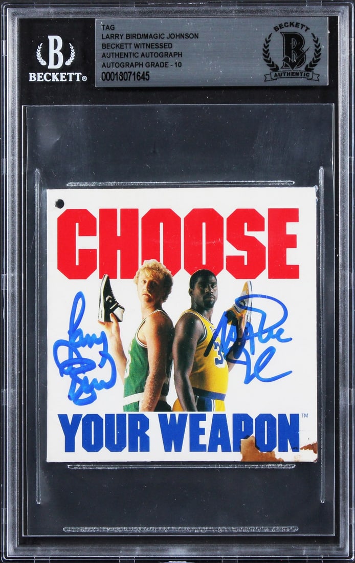 Larry Bird Magic Johnson Signed Converse Weapon Shoe Tag BAS 10: Larry Bird Magic Johnson Signed Converse Weapon Shoe Tag BAS 10 This item features the autographs of legendary basketball players Larry Bird and Magic Johnson on a Converse Weapon shoe tag. Authentica