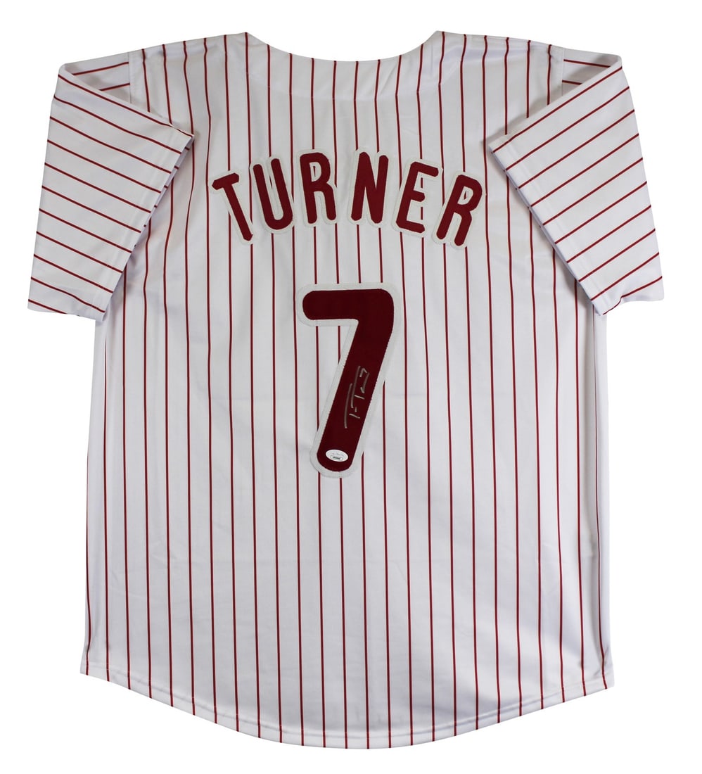 Trea Turner Autographed White Pinstripe Jersey JSA Certified Phillies: Trea Turner Autographed White Pinstripe Jersey JSA Certified Phillies This authentic white pinstripe pro style jersey has been personally signed by Trea Turner, a prominent player for the Philadelphia