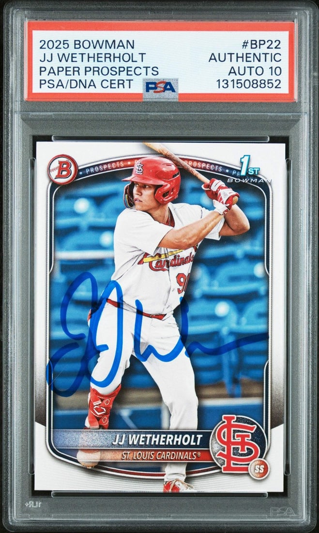 2025 Bowman JJ Wetherholt #BP-22 Rookie Card PSA 10 with Autograph: 2025 Bowman JJ Wetherholt #BP-22 Rookie Card PSA 10 with Autograph This is a 2025 Bowman Prospects rookie card featuring JJ Wetherholt of the St. Louis Cardinals. The card is graded 10 by Professional
