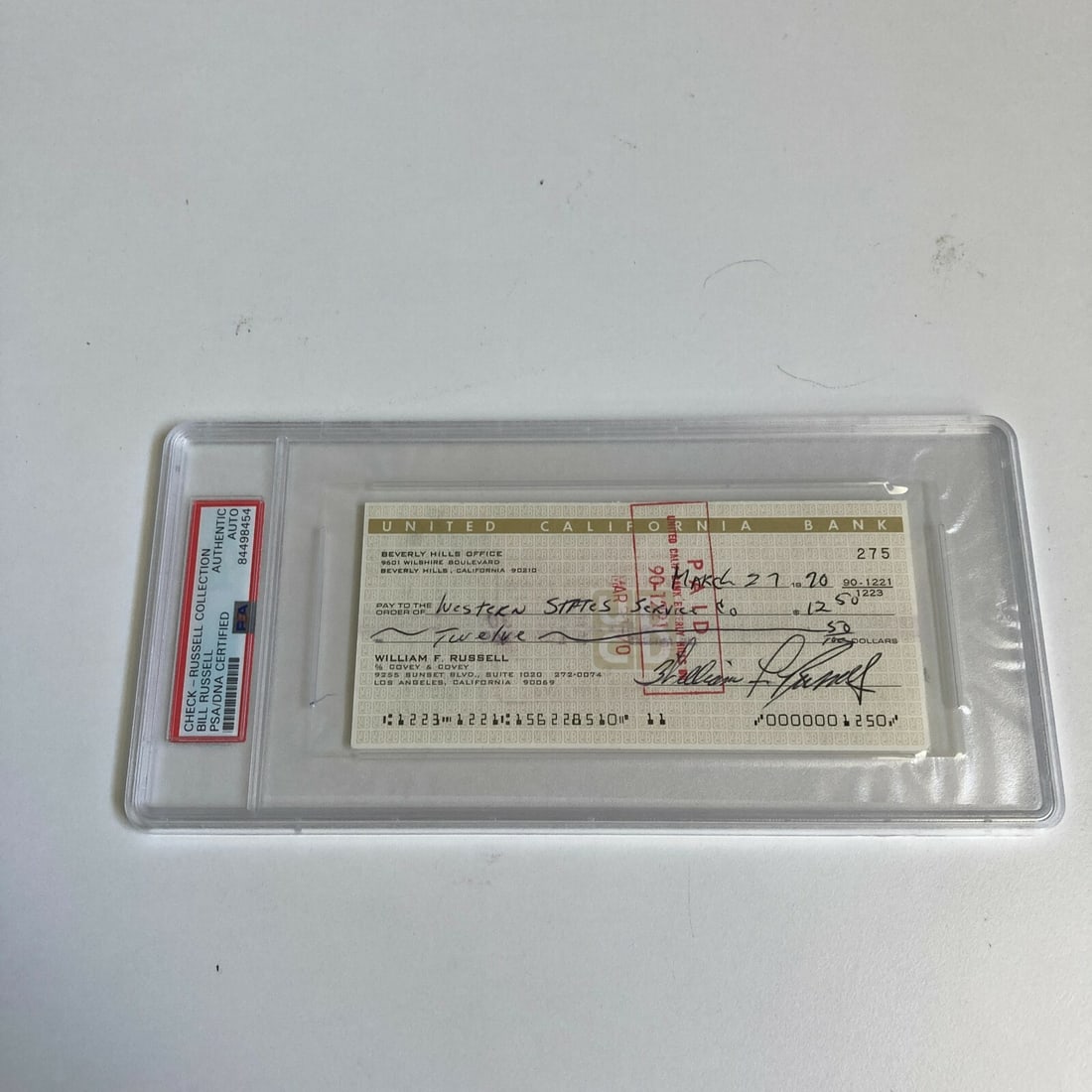Bill Russell Autographed Bank Check PSA DNA Boston Celtics HOF: Bill Russell Autographed Bank Check PSA DNA Boston Celtics HOF This is an original, hand-signed bank check by Bill Russell, the legendary Boston Celtics player and Hall of Famer. The check features a