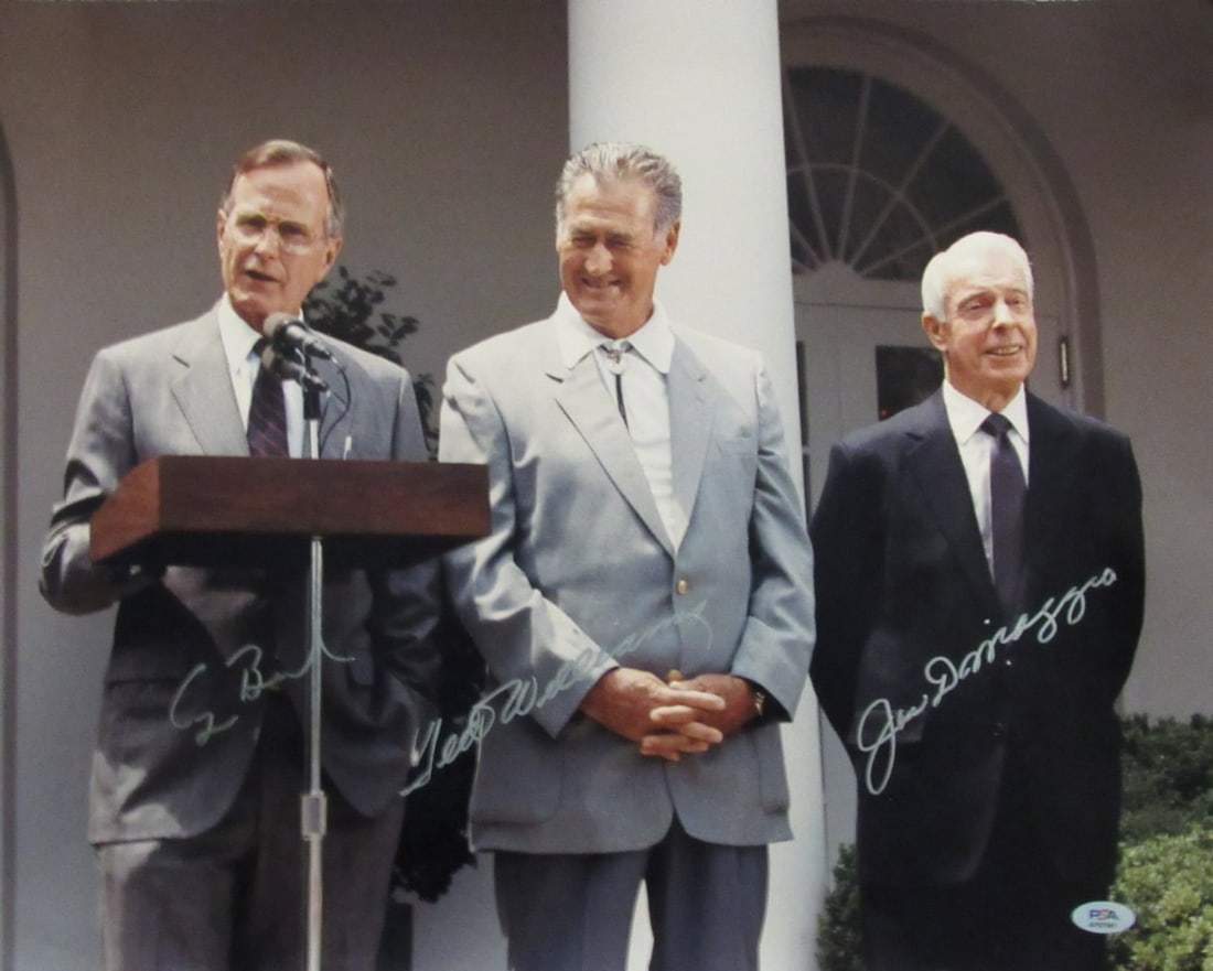 Williams DiMaggio Bush Multi-Signed 16x20 Photo PSA/DNA Authenticated: Williams DiMaggio Bush Multi-Signed 16x20 Photo PSA/DNA Authenticated This multi-signed 16x20 photo features iconic baseball legends Ted Williams and Joe DiMaggio alongside President George Bush, capt