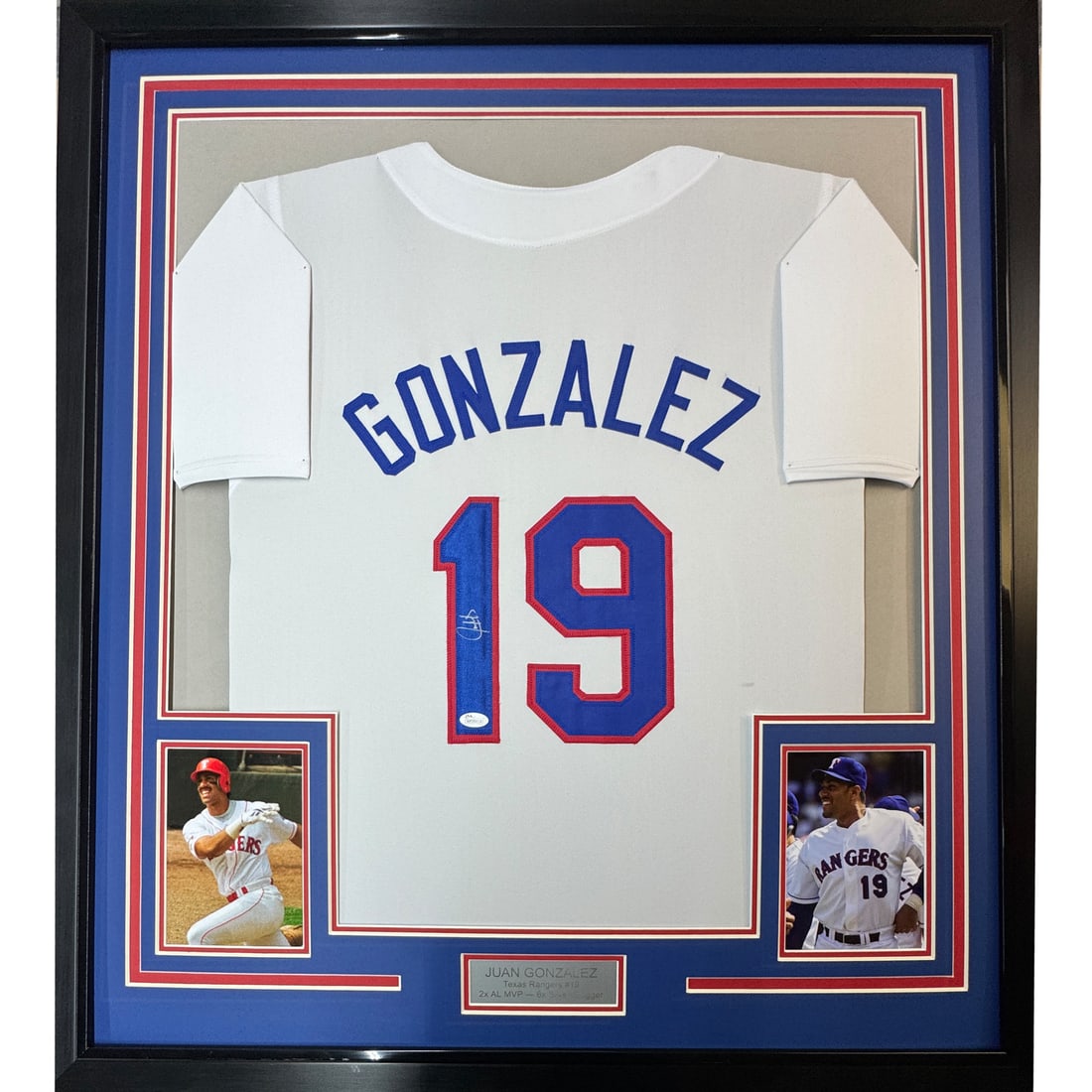 Framed Autographed Juan Gonzalez Texas Rangers Jersey JSA COA 35x39: Framed Autographed Juan Gonzalez Texas Rangers Jersey JSA COA 35x39 This professionally framed and matted memorabilia features an autographed white jersey from Juan Gonzalez, a celebrated player for t