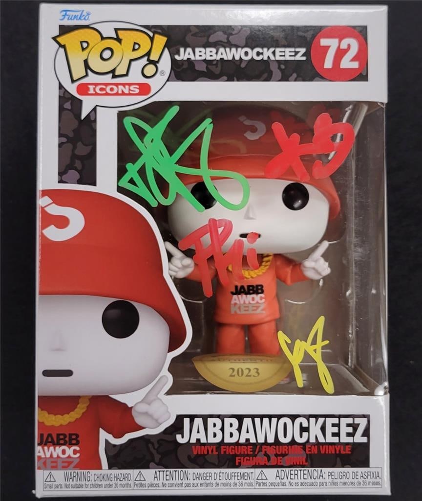 Jabbawockeez Signed Funko Pop 72 Vinyl Bobblehead with 4 Autographs: Jabbawockeez Signed Funko Pop 72 Vinyl Bobblehead with 4 Autographs This authentic Jabbawockeez Funko Pop 72 vinyl figure is a must-have for fans and collectors alike. Featuring four autographs, this