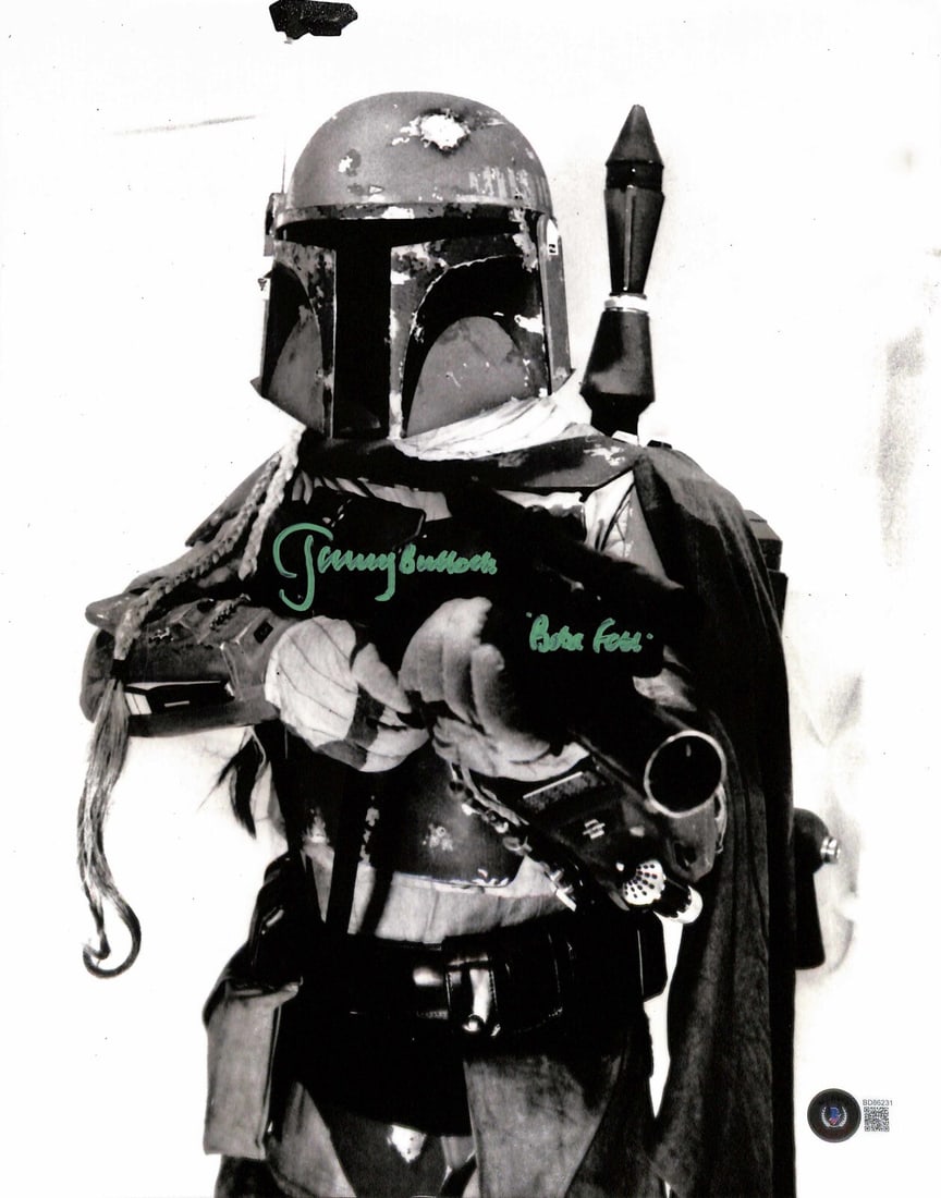 Jeremy Bulloch Autographed 11x14 Photo as Boba Fett Beckett Certified: Jeremy Bulloch Autographed 11x14 Photo as Boba Fett Beckett Certified This 11x14 photograph features Jeremy Bulloch, who portrayed Boba Fett in Star Wars: The Empire Strikes Back and Return of the Jed