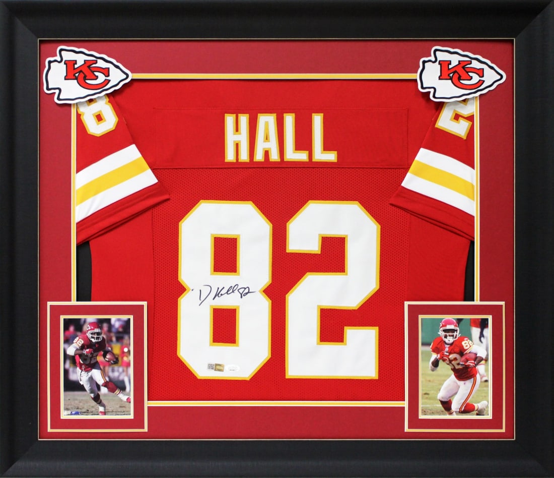 Dante Hall Autographed Red Pro Style Framed Jersey JSA Authenticated: Dante Hall Autographed Red Pro Style Framed Jersey JSA Authenticated This authentic red pro style framed jersey, personally signed by Dante Hall of the Kansas City Chiefs, is an exceptional collectibl