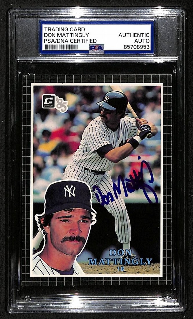 1985 Donruss Action All-Stars Don Mattingly Signed Yankees Card PSA/DNA BA204265: 1985 Donruss Action All-Stars Don Mattingly Signed Yankees Card PSA/DNA BA204265 This is an original 1985 Donruss Action All-Stars baseball card featuring Don Mattingly of the New York Yankees. The ca