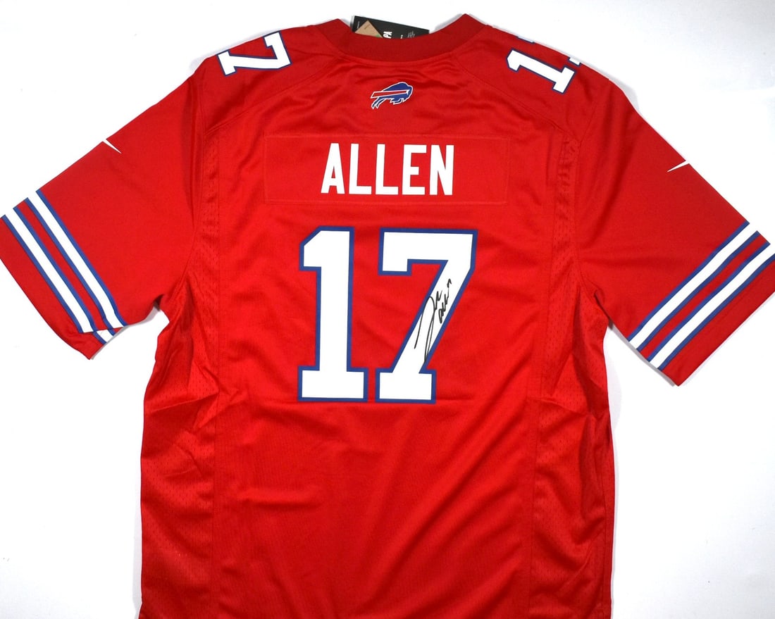Buffalo Bills Red Nike Jersey Signed by Josh Allen with Beckett Authentication: Buffalo Bills Red Nike Jersey Signed by Josh Allen with Beckett Authentication This is a pre-owned Buffalo Bills Nike Game jersey autographed by Josh Allen. The jersey features a red colorway and is a