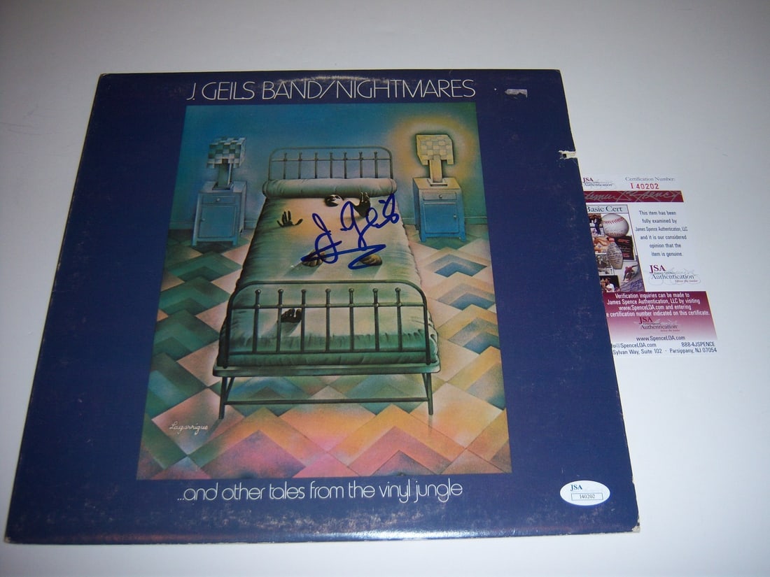 The J Geils Band Nightmares Signed LP with JSA COA: The J Geils Band Nightmares Signed LP with JSA COA This is an original signed LP record album by The J. Geils Band, titled "Nightmares." The album is pre-owned and comes with a JSA Certificate of Auth