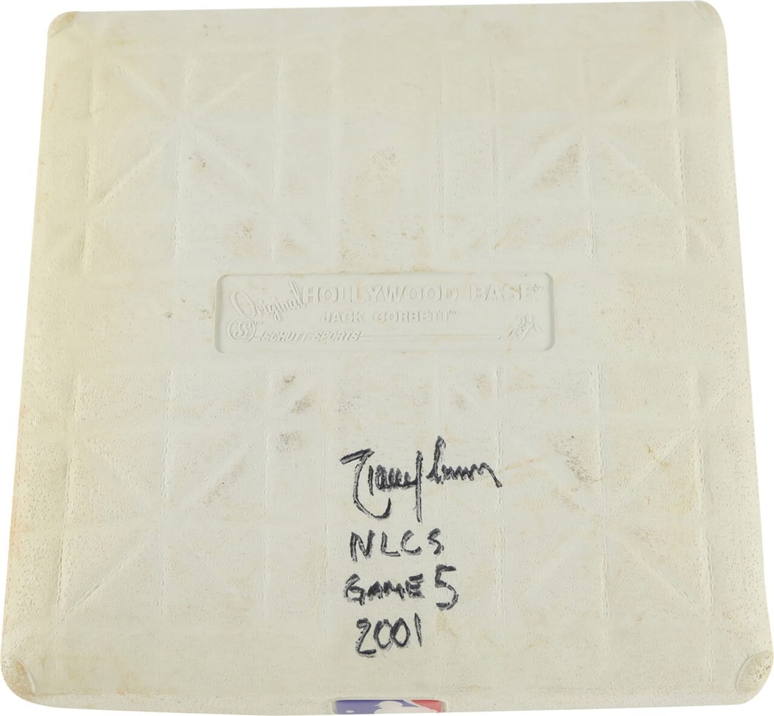 Game 5 2001 NLCS Base Signed by Randy Johnson with Steiner and MLB Authentication: Game 5 2001 NLCS Base Signed by Randy Johnson with Steiner and MLB Authentication This is an original, game-used base from Game 5 of the 2001 National League Championship Series (NLCS), signed by Ariz