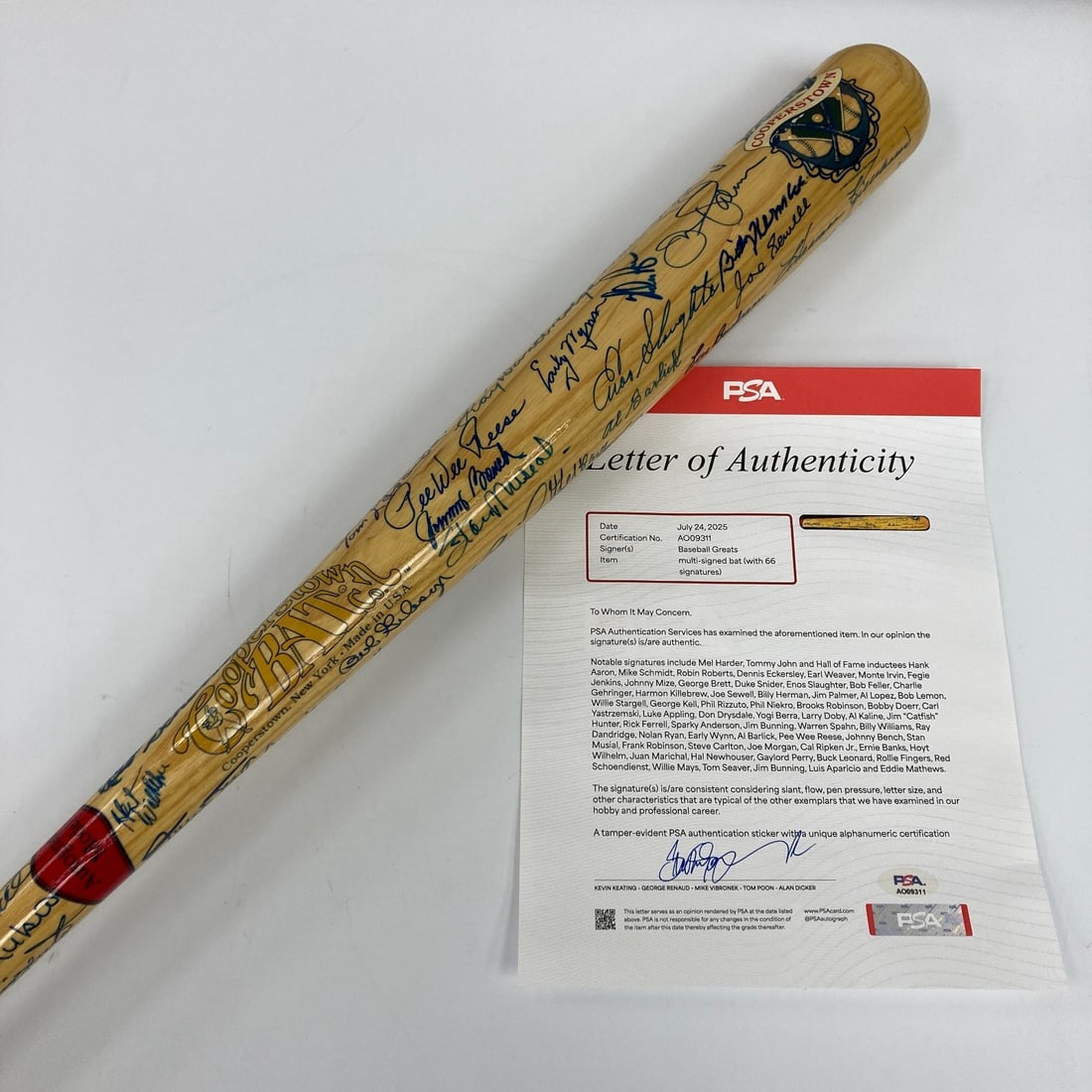 Hall Of Fame Multi Signed Baseball Bat 66 Signatures PSA DNA: Hall Of Fame Multi Signed Baseball Bat 66 Signatures PSA DNA This stunning Cooperstown model bat is a true collector's treasure, featuring over 66 signatures from baseball legends, predominantly Hall