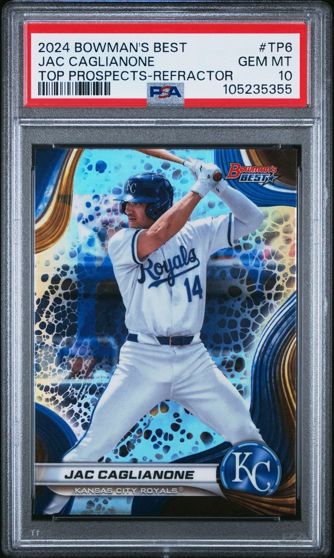 2024 Bowmans Best Jac Caglianone #TP6 Refractor PSA 10 Baseball Card: 2024 Bowmans Best Jac Caglianone #TP6 Refractor PSA 10 Baseball Card This is a graded 2024 Bowman's Best Jac Caglianone #TP6 Refractor RC Baseball Card, rated PSA 10. The card features the talented at