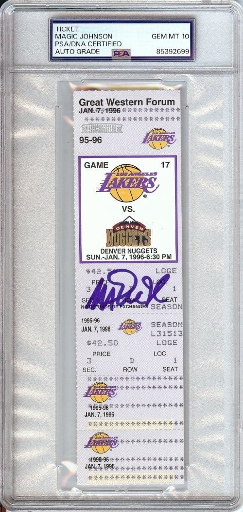 Magic Johnson Signed Ticket 1996 Lakers vs Nuggets PSA 10 Authenticated (1 of 1)