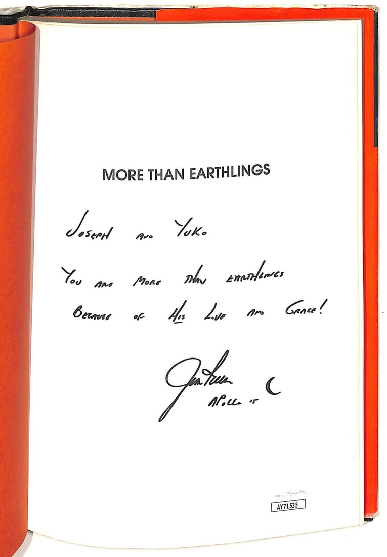 James B. Irwin Autographed 'More Than Earthlings' Book JSA Certified: James B. Irwin Autographed 'More Than Earthlings' Book JSA Certified Explore the fascinating journey of astronaut James B. Irwin with his autographed book, 'More Than Earthlings.' This original editio
