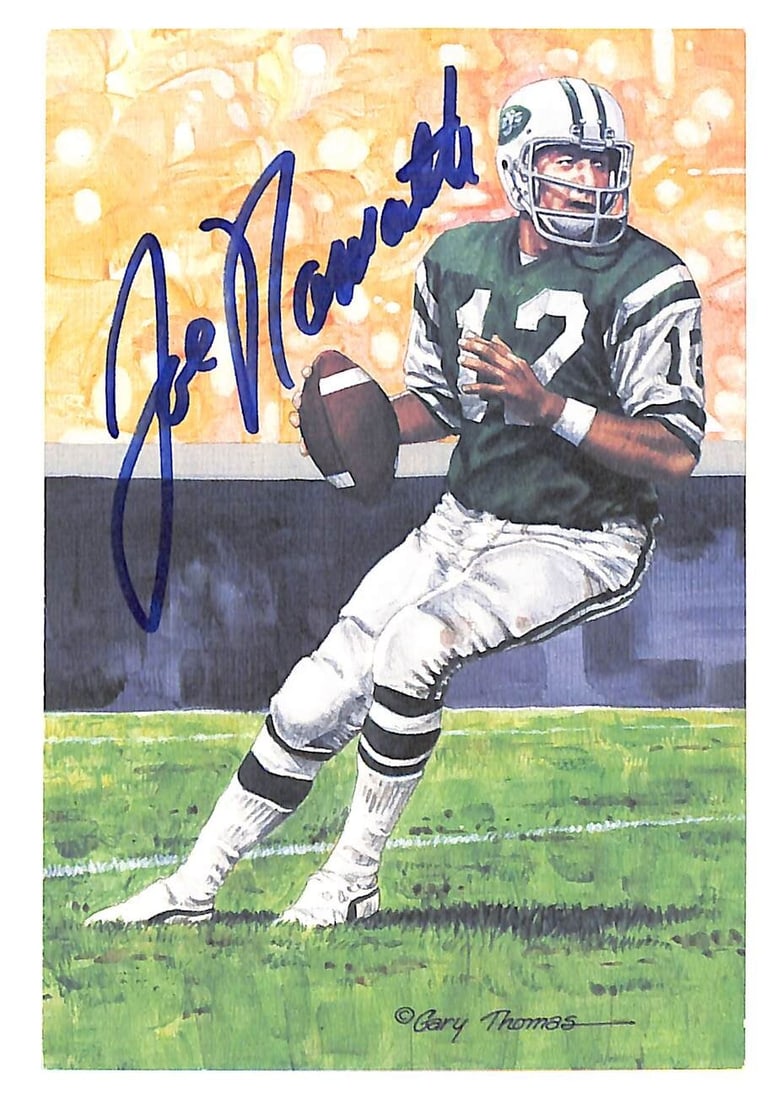 Joe Namath Autographed Goal Line Art Card Jets PSA/DNA: Joe Namath Autographed Goal Line Art Card Jets PSA/DNA Celebrate the legacy of football legend Joe Namath with this authentic autographed Goal Line Art Card. This original collectible features Namath,