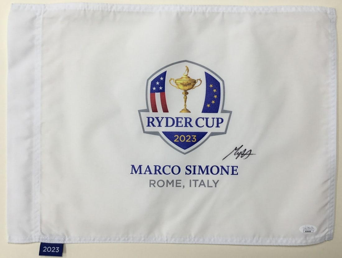 Max Homa Signed 2023 Ryder Cup Rome Pin Flag JSA Authenticated: Max Homa Signed 2023 Ryder Cup Rome Pin Flag JSA Authenticated Celebrate the excitement of golf with this official 2023 Ryder Cup pin flag, personally signed by PGA star Max Homa. This collectible ite