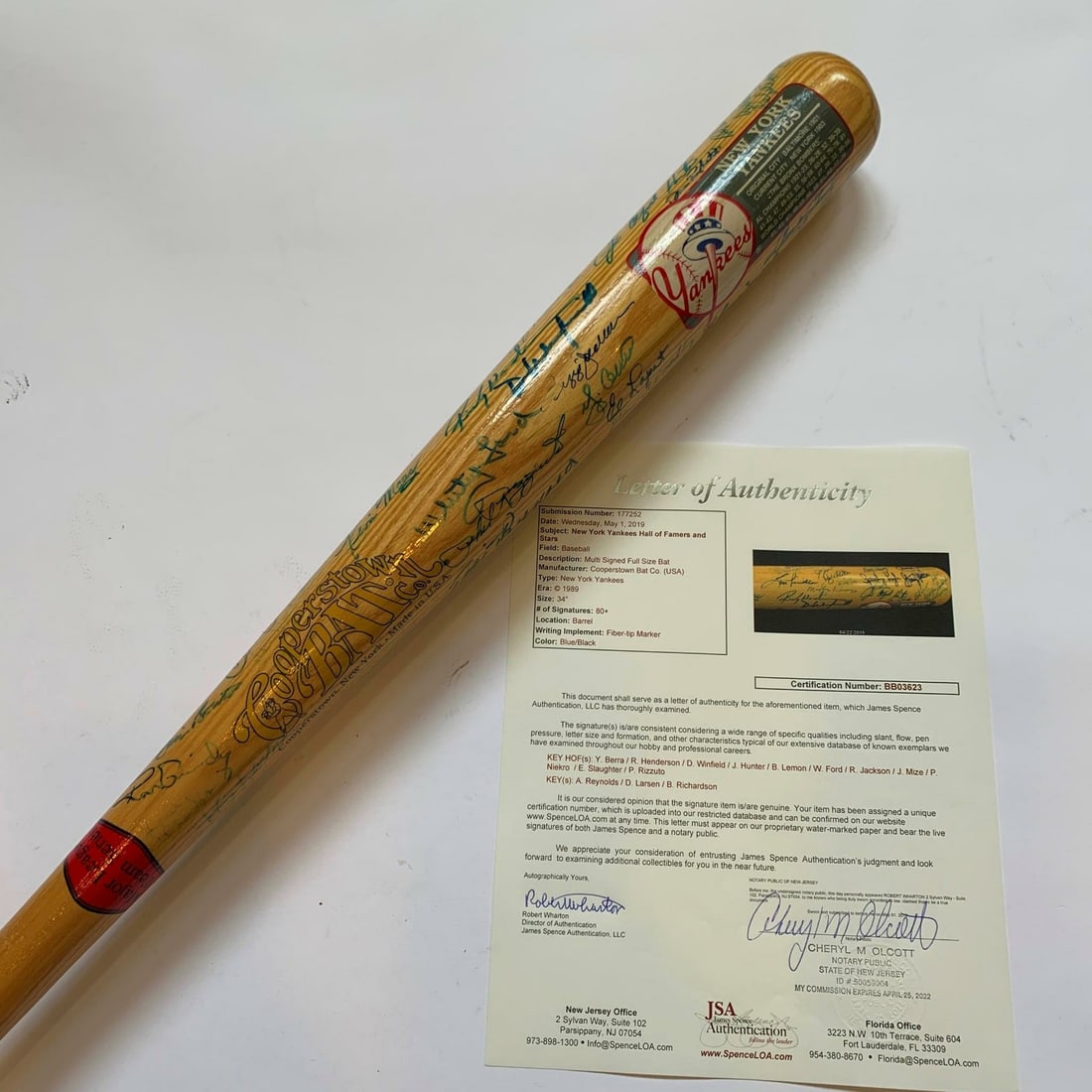 Signed New York Yankees Cooperstown Bat with 90 Autographs JSA Certified: Signed New York Yankees Cooperstown Bat with 90 Autographs JSA Certified This New York Yankees Hall Of Fame & Greats Signed Cooperstown Bat features approximately 90 signatures from legendary players,