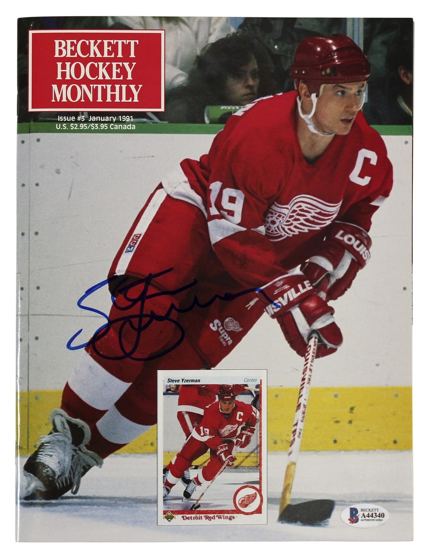 Steve Yzerman Bobby Hull Signed Magazine Beckett Authenticated: Steve Yzerman Bobby Hull Signed Magazine Beckett Authenticated This authentic signed Beckett Monthly Magazine features the notable autographs of hockey legends Steve Yzerman and Bobby Hull. The magazi