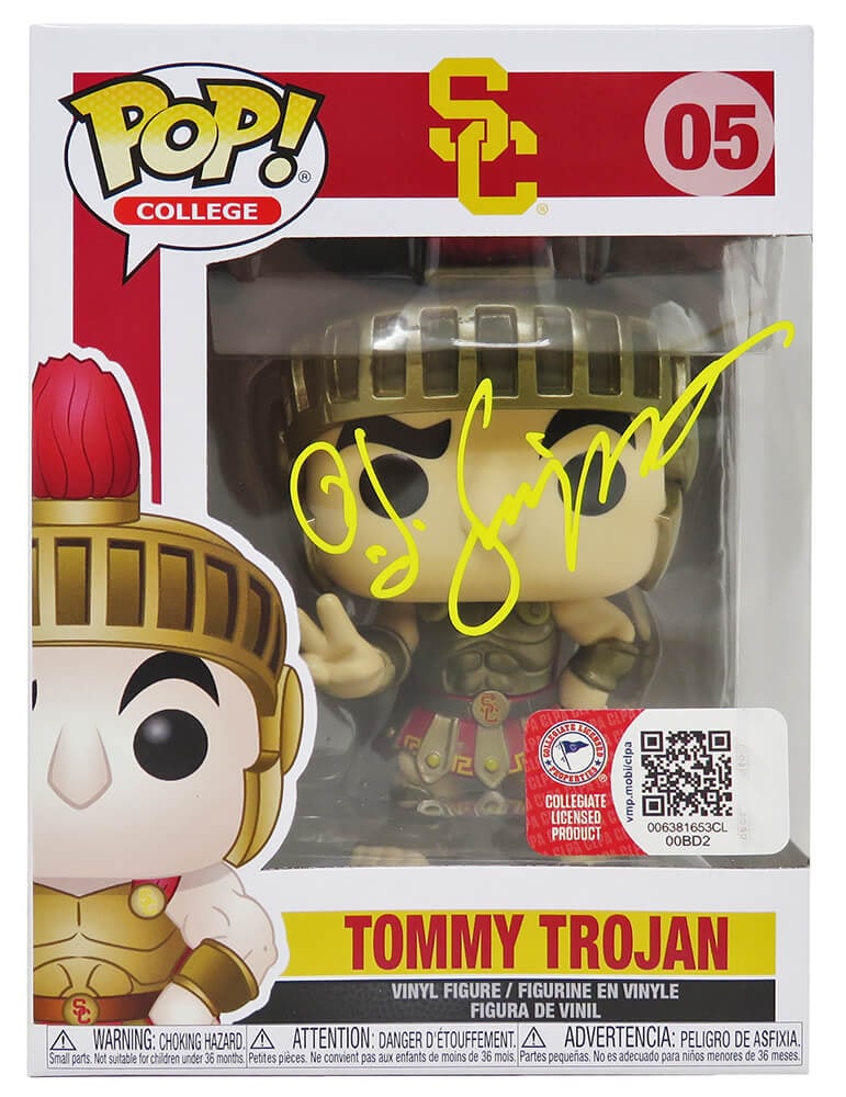 O.J. Simpson Signed USC Trojans Funko Pop Doll #05 with COA: O.J. Simpson Signed USC Trojans Funko Pop Doll #05 with COA Celebrate the legacy of O.J. Simpson with this signed USC Trojans Tommy Trojan Funko Pop Doll #05. This unique collectible features the icon