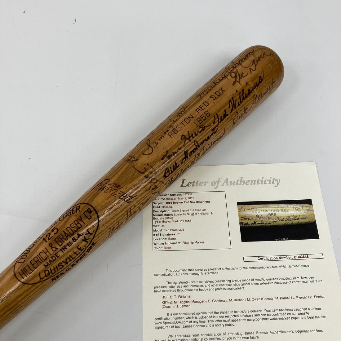 1956 Boston Red Sox Team Signed Bat by Ted Williams JSA Authenticated: 1956 Boston Red Sox Team Signed Bat by Ted Williams JSA Authenticated Own a piece of baseball history with this original 1956 Boston Red Sox team signed baseball bat. This Louisville Slugger 125 model