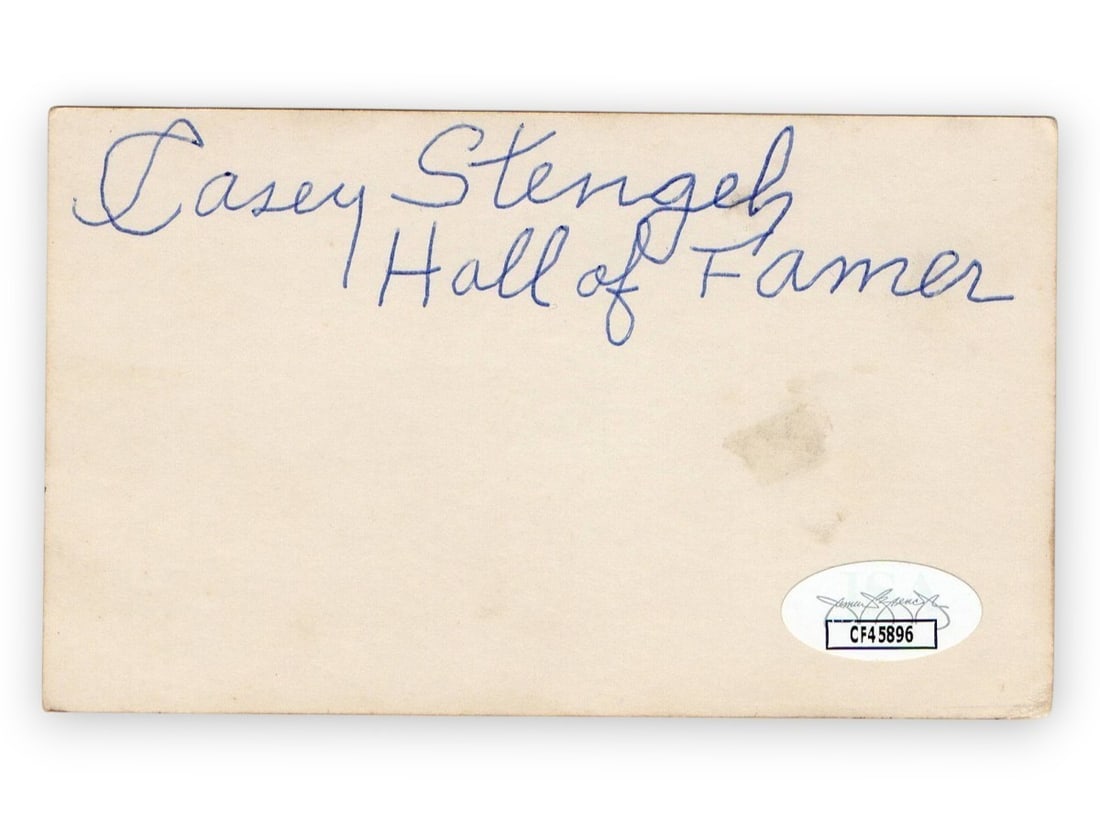Casey Stengel Autographed 3X5 Index Card Yankees Mets JSA Certified: Casey Stengel Autographed 3X5 Index Card Yankees Mets JSA Certified This is an original autographed 3X5 index card signed by Hall of Famer Casey Stengel, a legendary figure in baseball known for his t