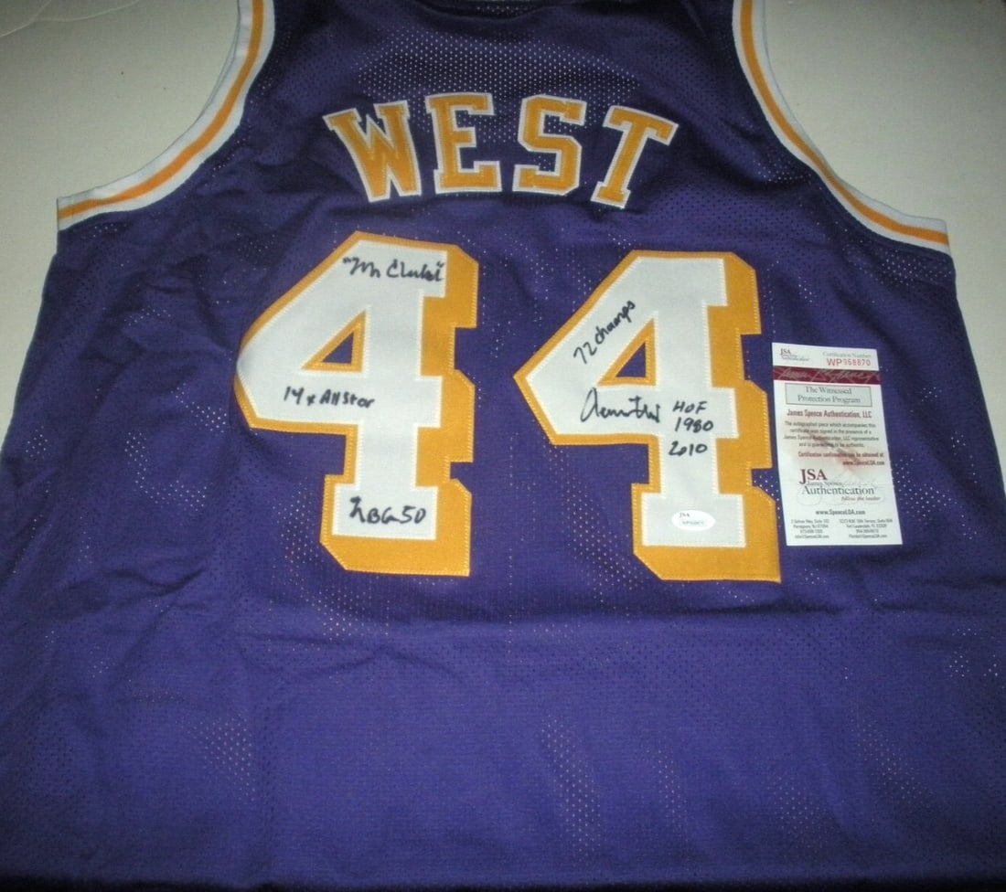 Jerry West Signed Custom Jersey LA Lakers HOF 1980 JSA COA: Jerry West Signed Custom Jersey LA Lakers HOF 1980 JSA COA Celebrate the legacy of Jerry West with this custom Los Angeles Lakers jersey, showcasing his Hall of Fame achievements and full stats. This