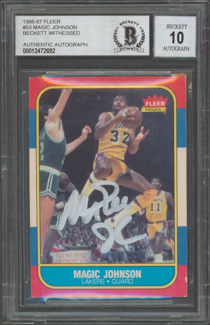 Magic Johnson Signed 1986 Fleer #53 Card Gem Mint 10 Beckett Authenticated: Magic Johnson Signed 1986 Fleer #53 Card Gem Mint 10 Beckett Authenticated This is a remarkable 1986 Fleer #53 basketball card featuring Magic Johnson, personally signed by the Los Angeles Lakers lege