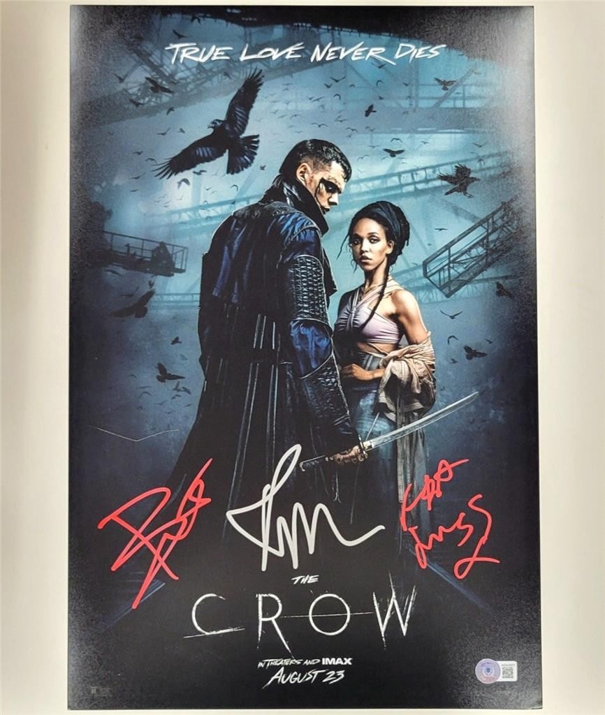 12x18 The Crow Cast Autographed Photo by Skarsgard Twigs Sanders Beckett Authenticated: 12x18 The Crow Cast Autographed Photo by Skarsgard Twigs Sanders Beckett Authenticated This is an original 12x18 inch photograph poster from The Crow, signed by three cast members: Skarsgard, Twigs, a