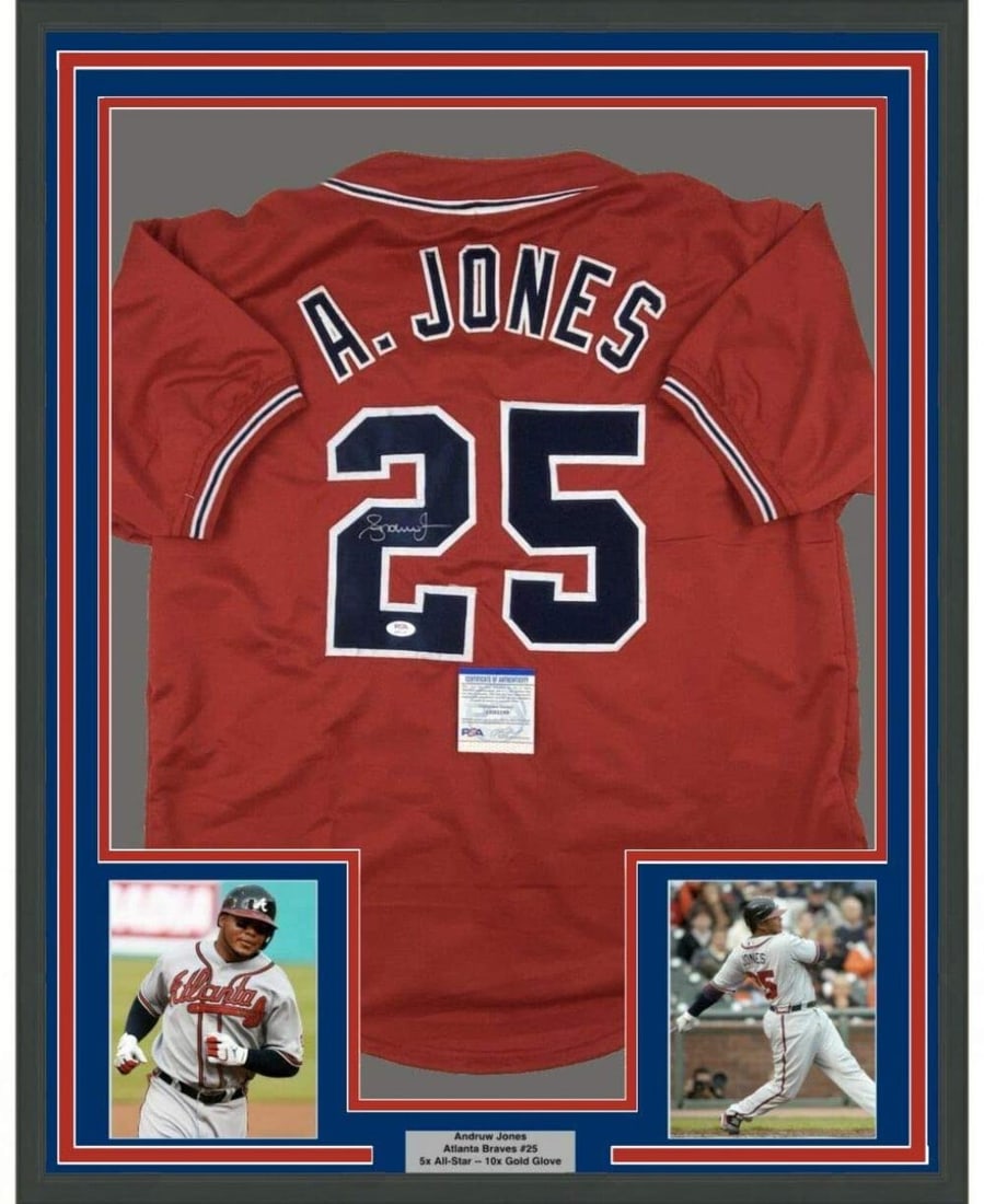 Framed Andruw Jones Autographed Atlanta Braves Jersey PSA/DNA COA: Framed Andruw Jones Autographed Atlanta Braves Jersey PSA/DNA COA Celebrate the legacy of Andruw Jones with this professionally framed and autographed Atlanta Braves jersey. This striking red jersey m