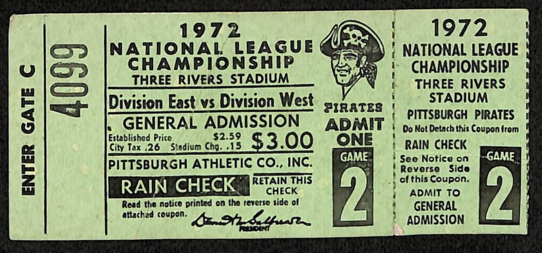 1972 NLCS Game 2 Ticket Stub Reds vs Pirates Clemente Last Game Pittsburgh: 1972 NLCS Game 2 Ticket Stub Reds vs Pirates Clemente Last Game Pittsburgh Celebrate a significant moment in baseball history with this original ticket stub from the 1972 National League Championship