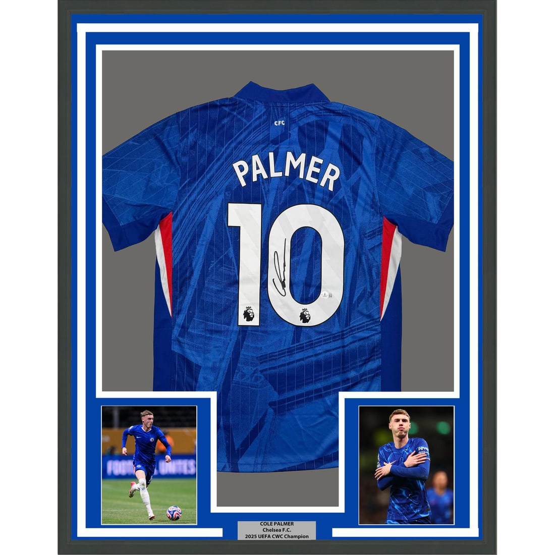 Cole Palmer Signed Chelsea Jersey 35x39 Framed Display Beckett Authenticated: Cole Palmer Signed Chelsea Jersey 35x39 Framed Display Beckett Authenticated This framed display features an original Chelsea FC blue jersey autographed by Cole Palmer, authenticated and graded by