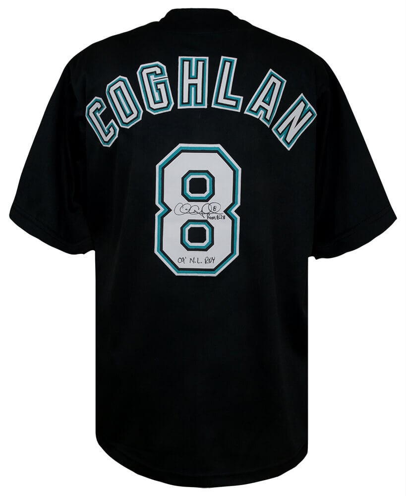 Chris Coghlan Signed Black Jersey 2009 NL ROY Florida Marlins COA: Chris Coghlan Signed Black Jersey 2009 NL ROY Florida Marlins COA This is a pre-owned black custom baseball jersey signed by Chris Coghlan, featuring the inscription '2009 NL ROY'. The jersey is an or