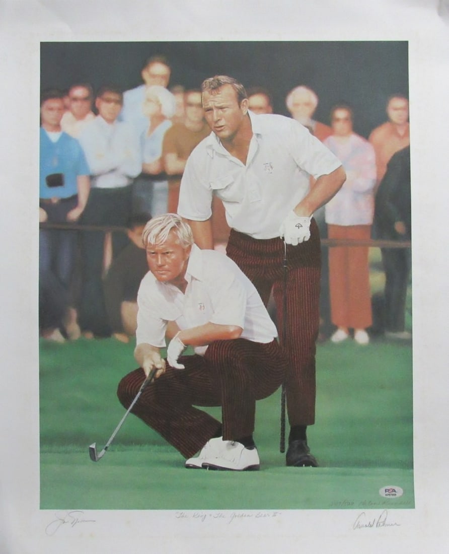 Arnold Palmer Jack Nicklaus Signed 1971 Ryder Cup Lithograph PSA/DNA: Arnold Palmer Jack Nicklaus Signed 1971 Ryder Cup Lithograph PSA/DNA Celebrate a legendary moment in golf history with this original lithograph featuring icons Arnold Palmer and Jack Nicklaus as teamm