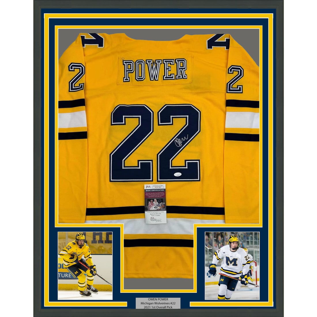 Owen Power Autographed Michigan Wolverines Jersey Framed with JSA COA: Owen Power Autographed Michigan Wolverines Jersey Framed with JSA COA Celebrate the talent of Owen Power with this professionally framed and autographed Michigan Wolverines jersey. This striking yello