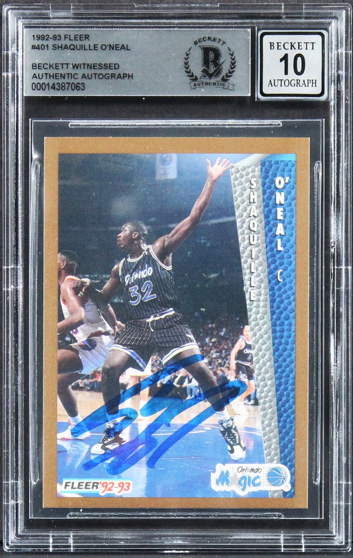 Shaquille O'Neal Signed 1992 Fleer Rookie Card Auto 10 Beckett Authenticated: Shaquille O'Neal Signed 1992 Fleer Rookie Card Auto 10 Beckett Authenticated Own a piece of basketball history with this Shaquille O'Neal signed 1992 Fleer #401 rookie card, graded Gem Mint 10 by Beck