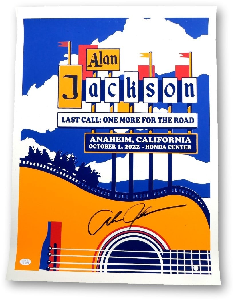 Alan Jackson Autographed 18X24 Poster 2022 Anaheim JSA Certified: Alan Jackson Autographed 18X24 Poster 2022 Anaheim JSA Certified Celebrate country music with this original, autographed 18X24 poster of Alan Jackson. Authenticated by James Spence (JSA), this poster